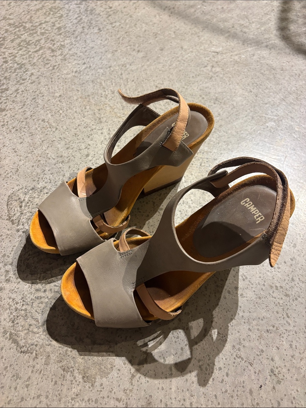 Camper Two-Tone Taupe and Tan Wedge Sandals